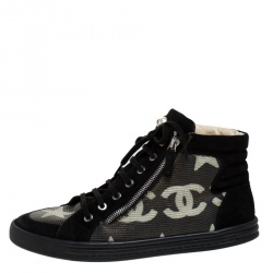 Pre Owned حذاء رياضي شانيل مرتفع من أعلى سحاب مزدوج CC جلد أسود وسويدي مقاس 40