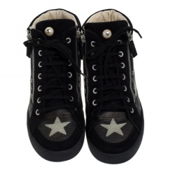 Pre Owned حذاء رياضي شانيل مرتفع من أعلى سحاب مزدوج CC جلد أسود وسويدي مقاس 40