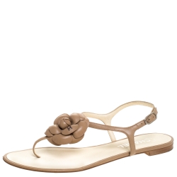 Chanel Brown Leather CC Camellia Thong Slingback Flat Sandals