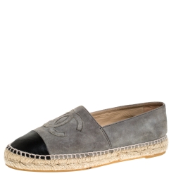Chanel Grey/Black Suede And Leather CC Espadrille Flats Size 39 Chanel