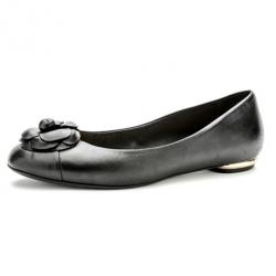 Pre Owned Chanel Black Leather Camelia Flower Ballet Flats Size 37.5