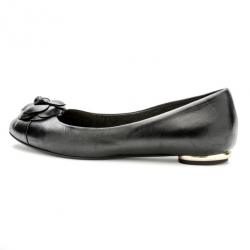 Pre Owned Chanel Black Leather Camelia Flower Ballet Flats Size 37.5