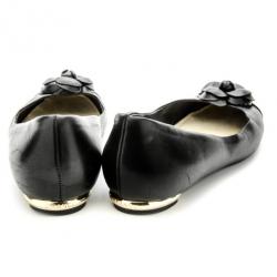 Pre Owned Chanel Black Leather Camelia Flower Ballet Flats Size 37.5