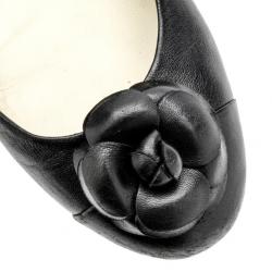 Pre Owned Chanel Black Leather Camelia Flower Ballet Flats Size 37.5