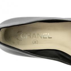 Pre Owned Chanel Black Leather Camelia Flower Ballet Flats Size 37.5