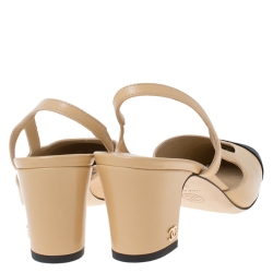 Chanel Beige Leather and Black Fabric Cap Toe Slingback Sandals Size 35.5