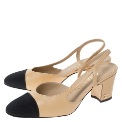 Chanel Beige Leather and Black Fabric Cap Toe Slingback Sandals Size 35.5