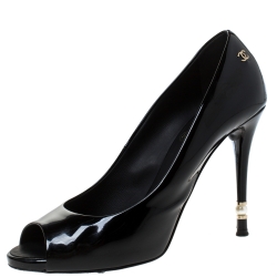 Chanel Black Patent Leather Peep Toe Pumps Size 38.5