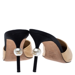 Chanel Beige/Black Leather and Canvas CC Faux Pearl Embellished Heel Slip On Mules Size 39.5