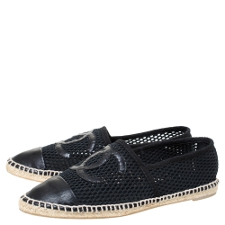 Pre Owned Chanel Black Leather and Mesh CC Espadrilles Size 38