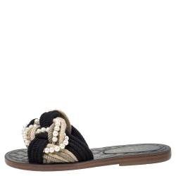 Chanel Two Tone Rope With Faux Pearls Cuba Slide Sandals Size 37