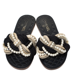 Chanel Two Tone Rope With Faux Pearls Cuba Slide Sandals Size 37