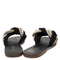 Chanel Two Tone Rope With Faux Pearls Cuba Slide Sandals Size 37