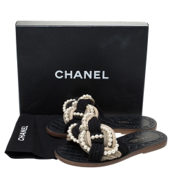 Chanel Two Tone Rope With Faux Pearls Cuba Slide Sandals Size 37