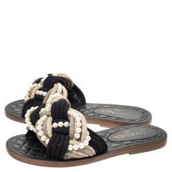 Chanel Two Tone Rope With Faux Pearls Cuba Slide Sandals Size 37