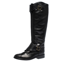 Chanel Black Leather Quilt Detail CC Knee Length Boots Size 39.5