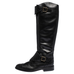 Chanel Black Leather Quilt Detail CC Knee Length Boots Size 39.5