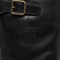 Chanel Black Leather Quilt Detail CC Knee Length Boots Size 39.5