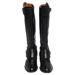 Chanel Black Leather Quilt Detail CC Knee Length Boots Size 39.5
