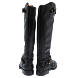 Chanel Black Leather Quilt Detail CC Knee Length Boots Size 39.5