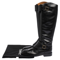 Chanel Black Leather Quilt Detail CC Knee Length Boots Size 39.5