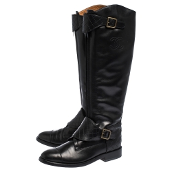 Chanel Black Leather Quilt Detail CC Knee Length Boots Size 39.5