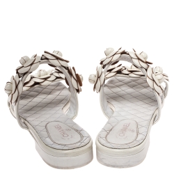 Chanel White Camellia Embellished Leather Flat Slides Size 41.5