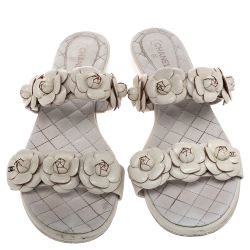 Chanel White Camellia Embellished Leather Flat Slides Size 41.5