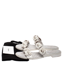Chanel White Camellia Embellished Leather Flat Slides Size 41.5