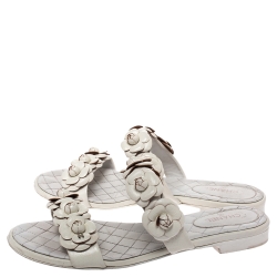 Chanel White Camellia Embellished Leather Flat Slides Size 41.5