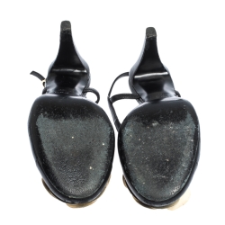 Pre Owned صندل شانيل فتحة كعب مزخرف كاميليا جلد أبيض/ أسود مقاس 38