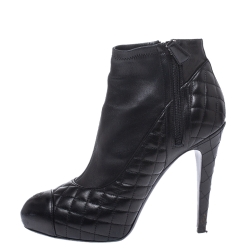 Chanel Black Quilted Leather CC Cap Toe Platform Booties Size 41