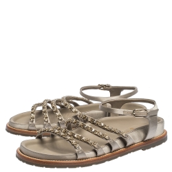 مملوكة مسبقًا Chanel Metallic Grey Satin CC Chain Link Flat Sandals Size 38