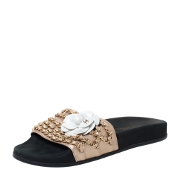Chanel Gold Leather Tropiconic Camellia And Chain Detail Slides