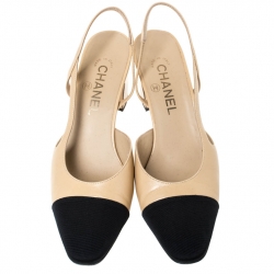 مملوكة مسبقًا Chanel Beige/Black Leather and Fabric Cap Toe Slingback Sandals Size 38.5