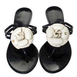 Chanel Black and White Jelly Camellia Thong Sandals Size 39