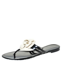 Chanel Black and White Jelly Camellia Thong Sandals Size 39 Chanel