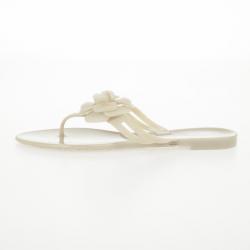 Pre Owned Chanel Cream Jelly CC Camellia Flower Thong Sandals Size 42