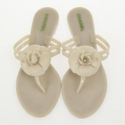 Pre Owned Chanel Cream Jelly CC Camellia Flower Thong Sandals Size 42