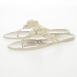 Pre Owned Chanel Cream Jelly CC Camellia Flower Thong Sandals Size 42