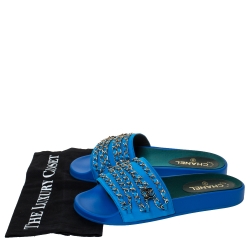 مملوكة مسبقًا Chanel Blue Satin Tropiconic Chain Detail Slides Size 40