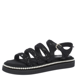Chanel Black/Grey Beads Embellished CC Flat Slides Size 38.5