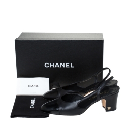 Pre Owned Chanel Black Leather CC Cap Toe Slingback Sandals Size 37.5