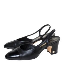 Pre Owned Chanel Black Leather CC Cap Toe Slingback Sandals Size 37.5