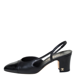 Pre Owned Chanel Black Leather CC Cap Toe Slingback Sandals Size 37.5