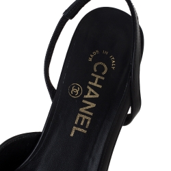 Pre Owned Chanel Black Leather CC Cap Toe Slingback Sandals Size 37.5