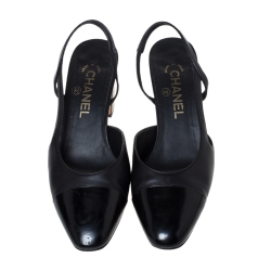 Pre Owned Chanel Black Leather CC Cap Toe Slingback Sandals Size 37.5