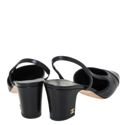 Pre Owned Chanel Black Leather CC Cap Toe Slingback Sandals Size 37.5