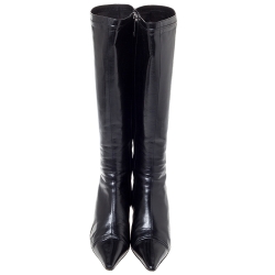 Chanel Vintage Black Leather Knee Length Pointed Toe Boots Size 39.5