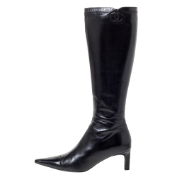 Chanel Vintage Black Leather Knee Length Pointed Toe Boots Size 39.5